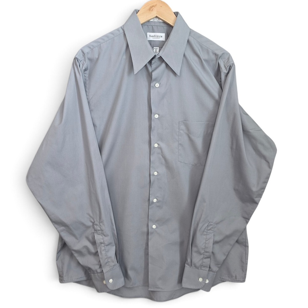 Van Heusen Dress Shirt Mens 16.5 36/37 Gray Poplin Wrinkle Free Long Sleeve Work